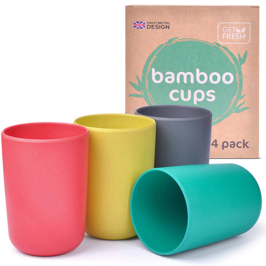 Bamboo Kids Cups Set – 4-pack Reusable Bamboo Cups for Toddlers and Adults – Colorful Bamboo Fiber Drinking Cups for Children – Bamboo Kids Dinnerware Set for Everyday Use
